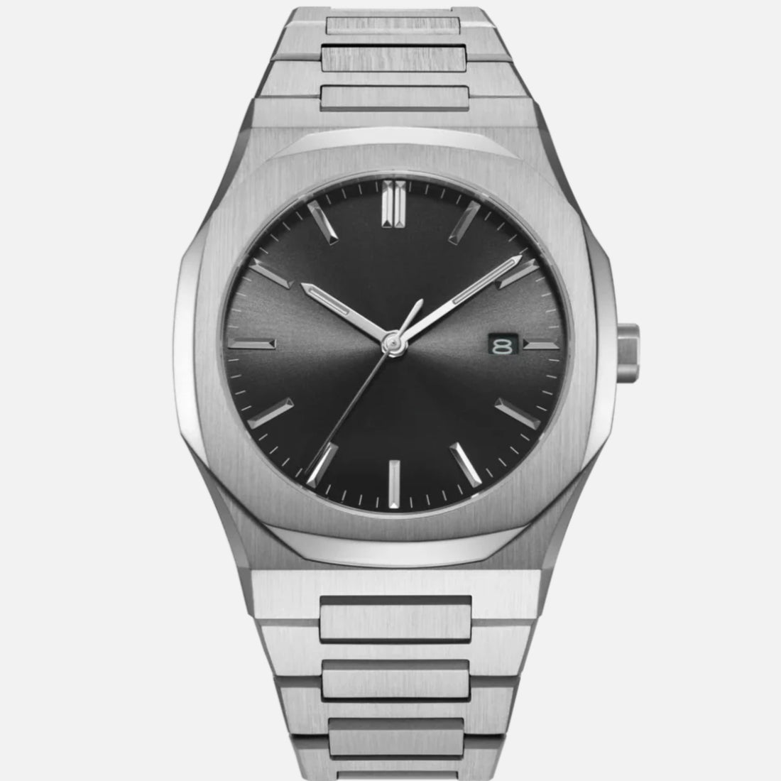 men’s quartz watch with black dial and stainless steel bracelet