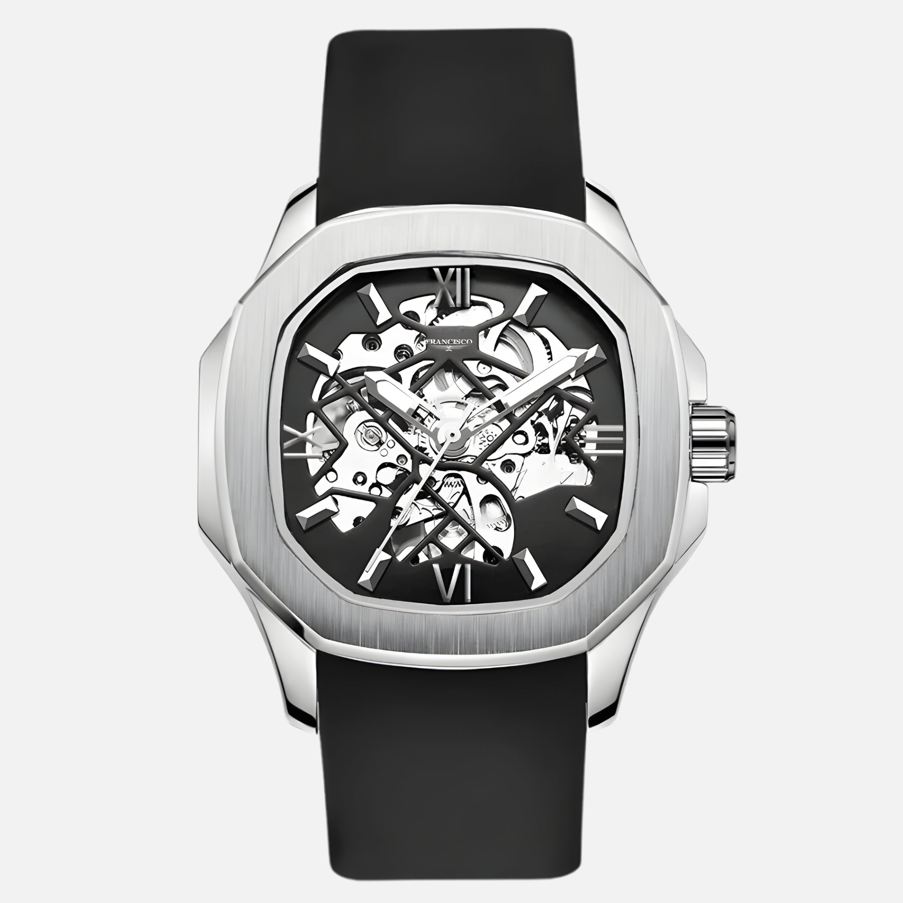men’s automatic skeleton watch in silver with black strap