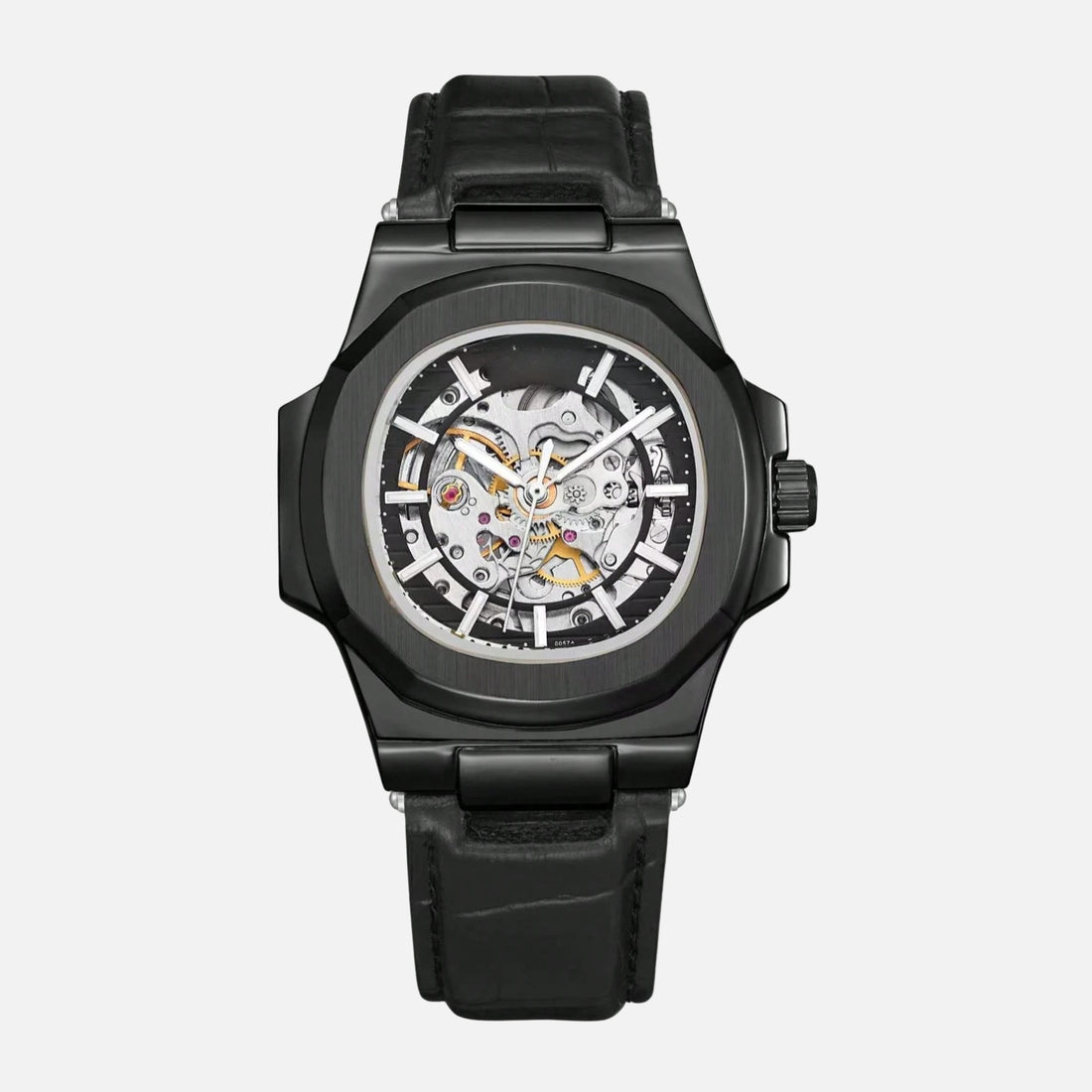 TIMELESS SKELETON KRNNO men’s automatic skeleton watch black case front view