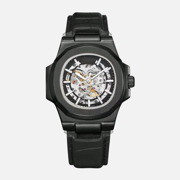 TIMELESS SKELETON KRNNO men’s automatic skeleton watch black case front view