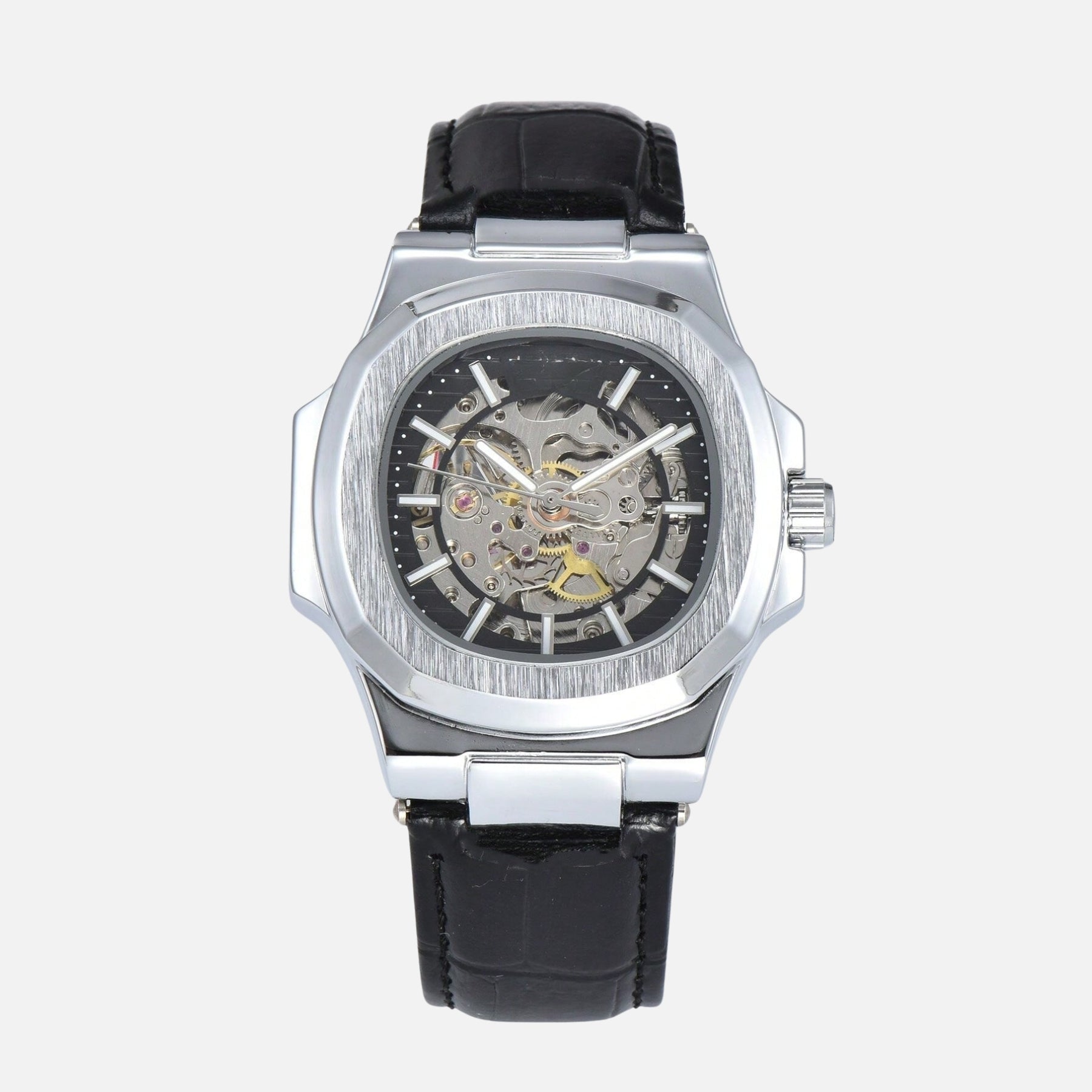 TIMELESS SKELETON KRNNO automatic skeleton watch white dial angled view on marble stand