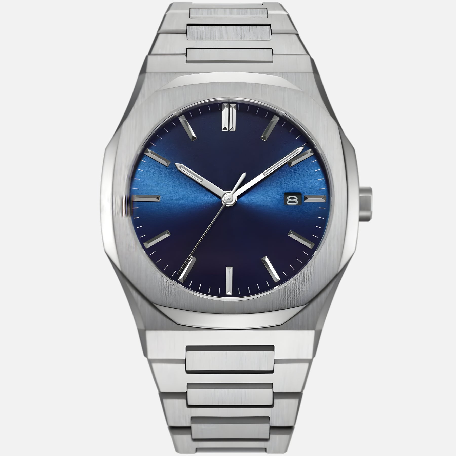 men’s quartz watch with blue sunray dial