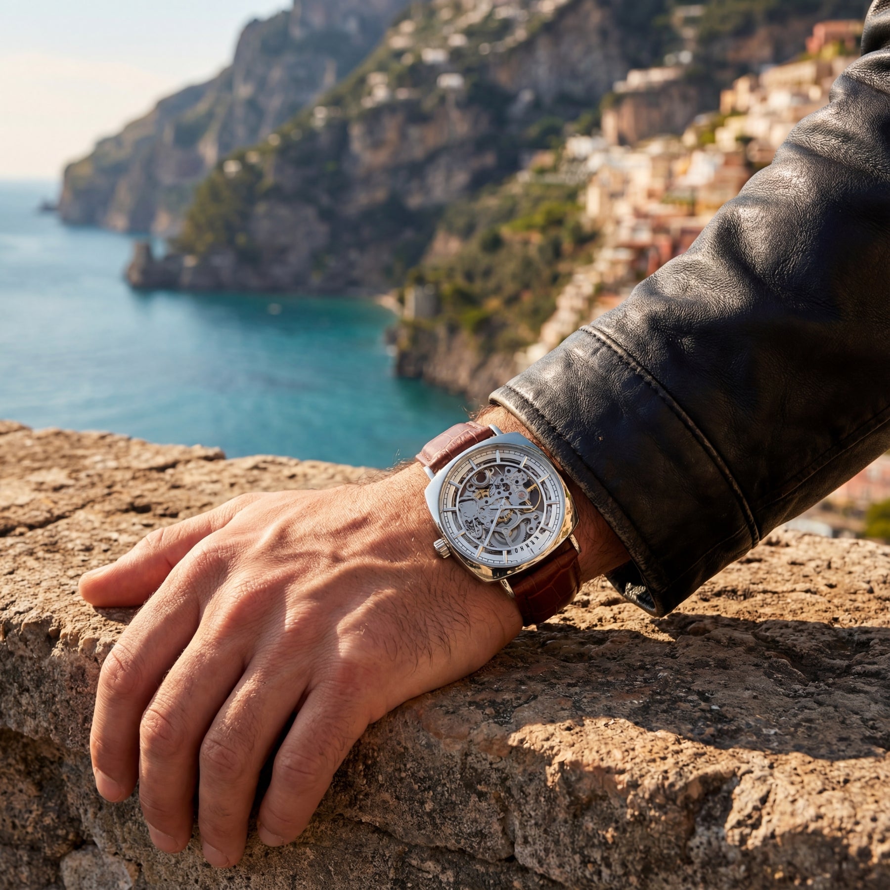 ARION men’s skeleton watch worn – lifestyle shot Amalfi Coast