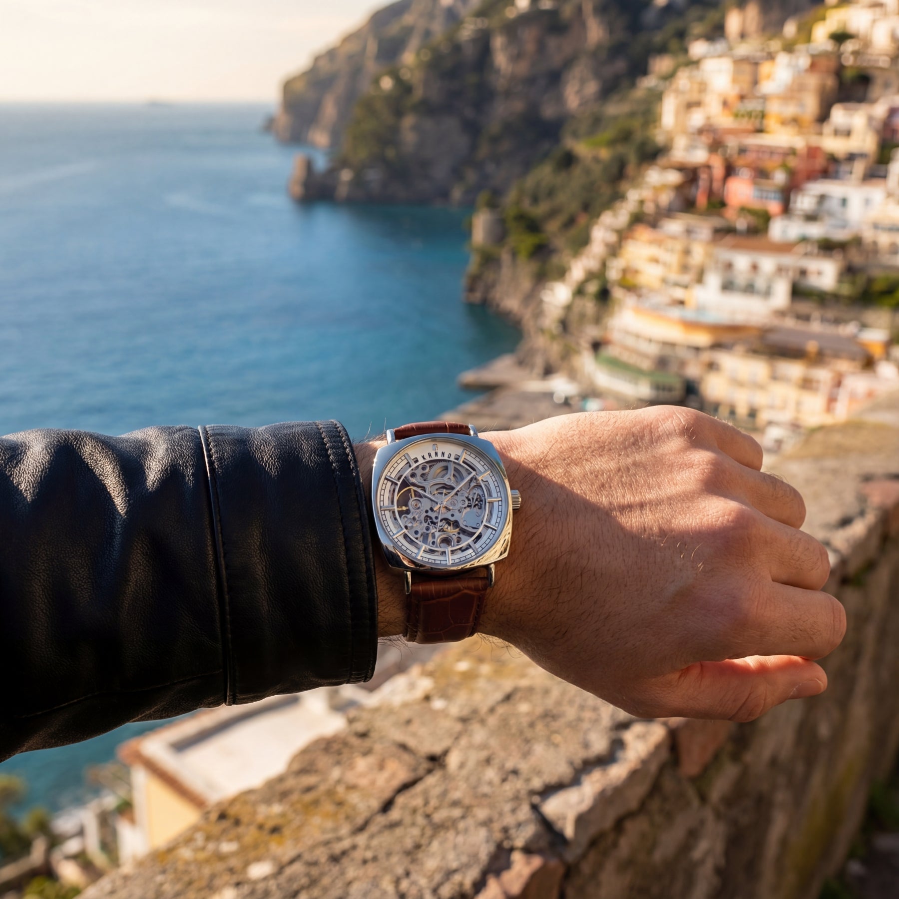 ARION men’s skeleton watch on wrist – outdoor sunlight view