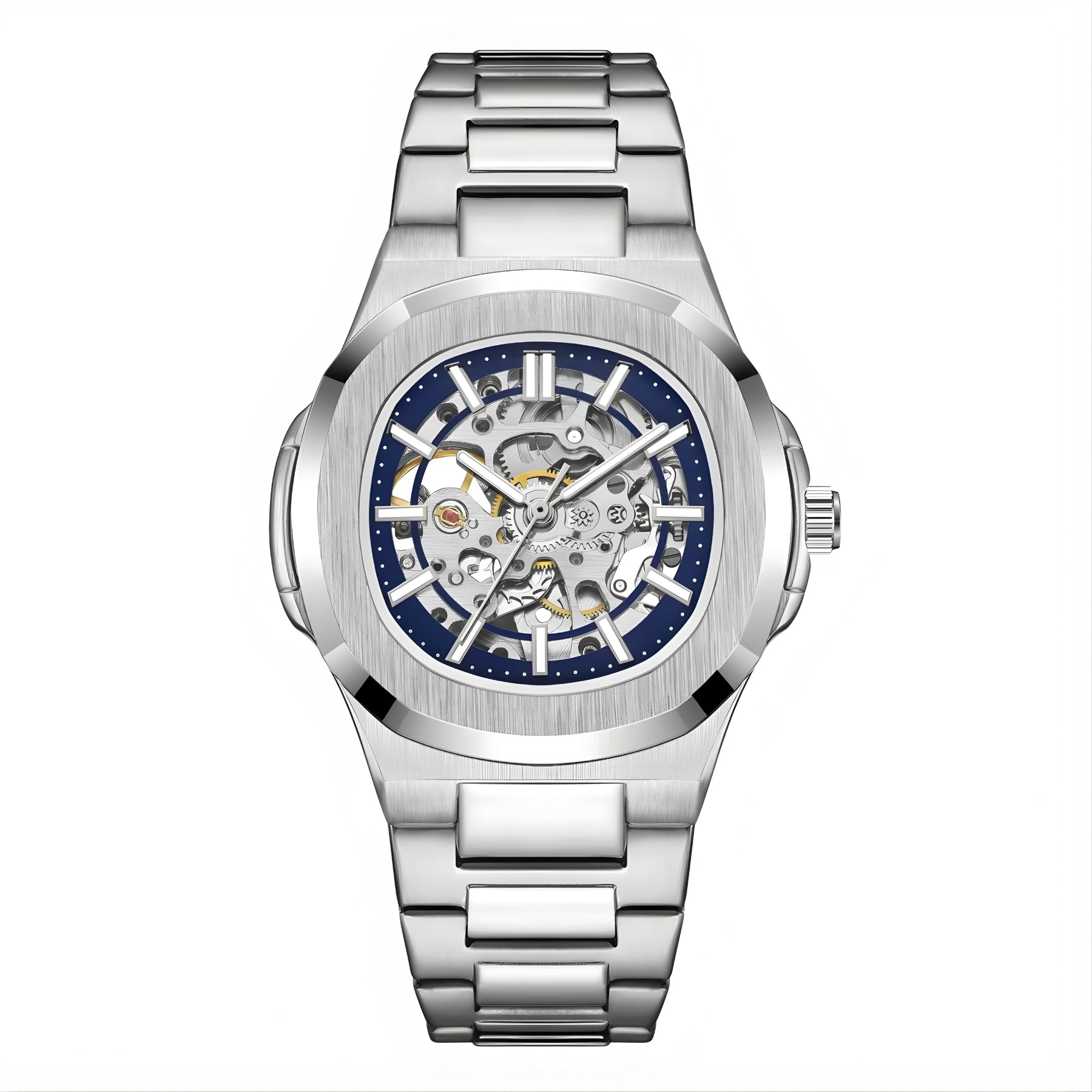 OCEAN automatic skeleton watch silver with blue accents – front view