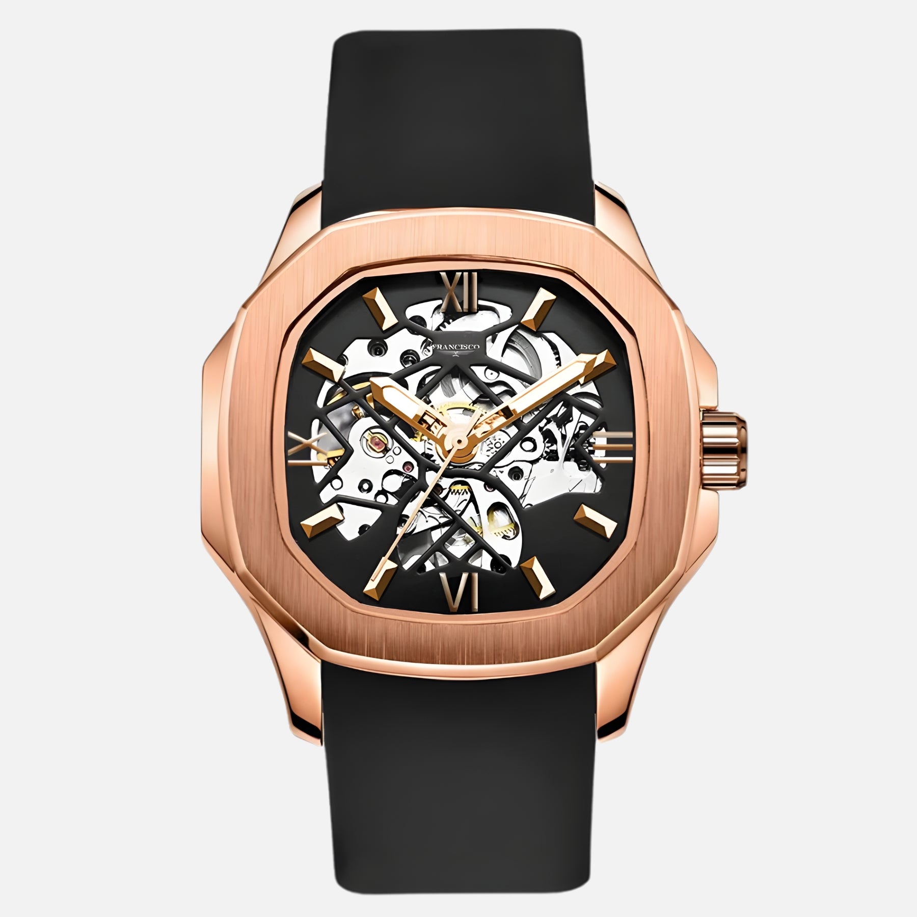 Rose gold KRNNO STEALTH men’s automatic skeleton watch with black strap
