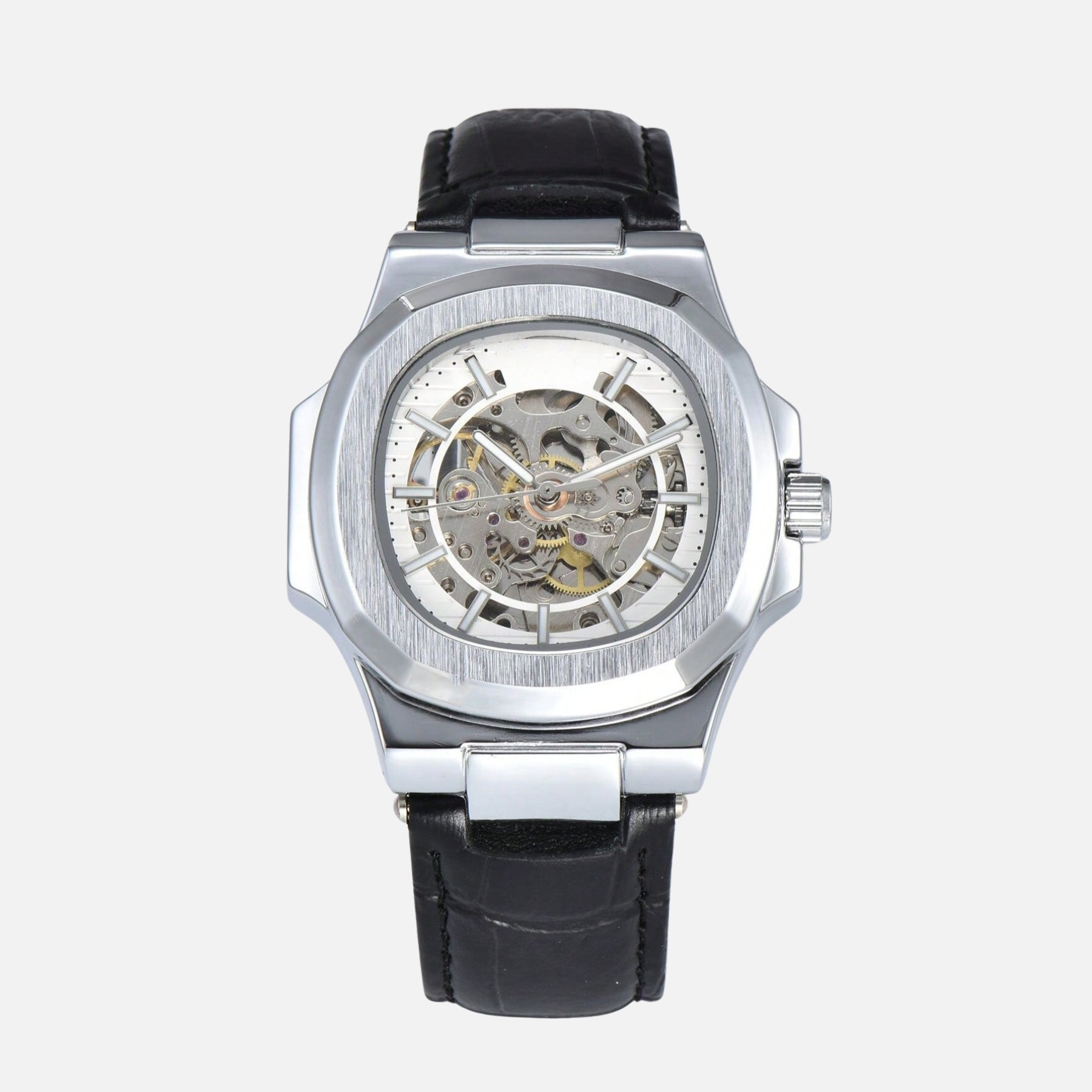 TIMELESS SKELETON KRNNO men’s automatic skeleton watch silver case white dial front view