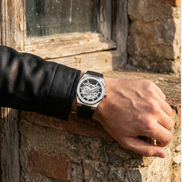 SPECTRAL stainless-steel skeleton watch with exposed mechanical movement