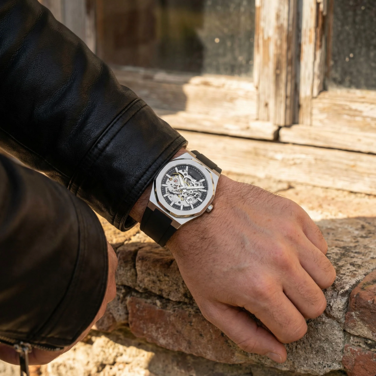 SPECTRAL stainless-steel skeleton watch with exposed mechanical movement