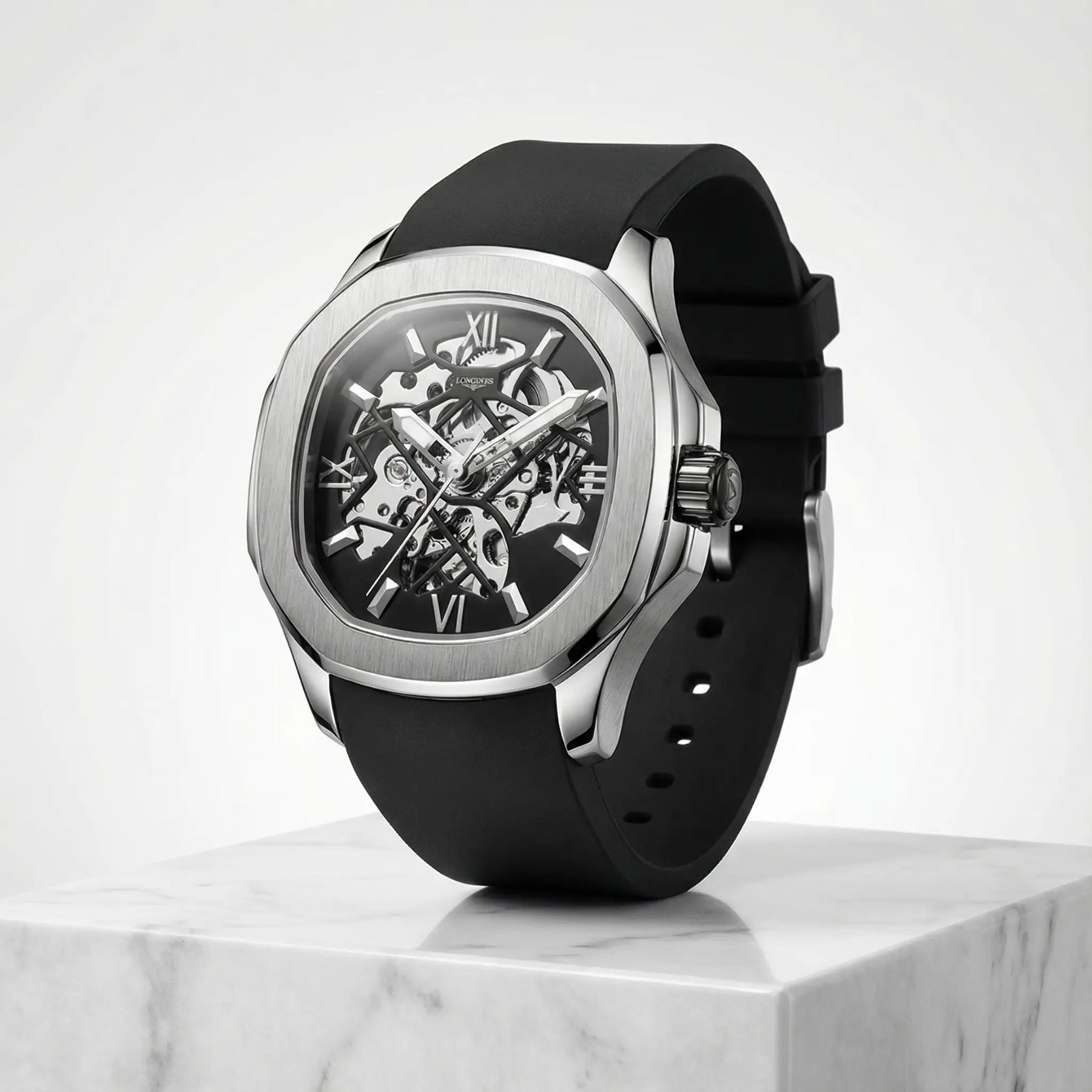 men’s automatic skeleton watch in silver with black strap
