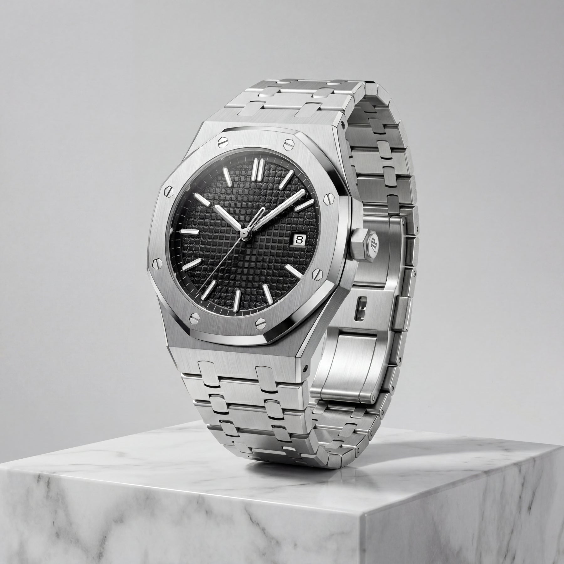 monarch krnno black dial premium quartz watch on marble background