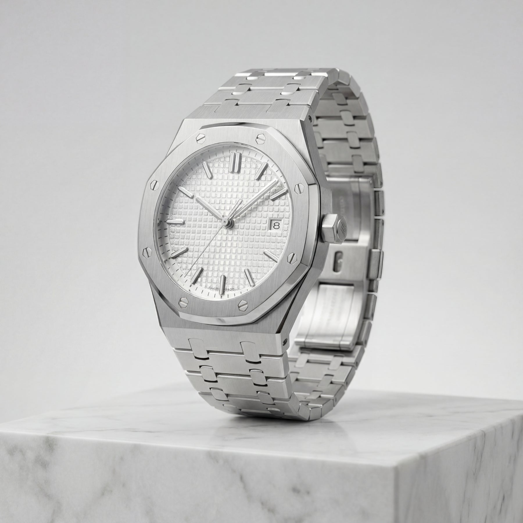 monarch krnno silver dial quartz watch on marble block