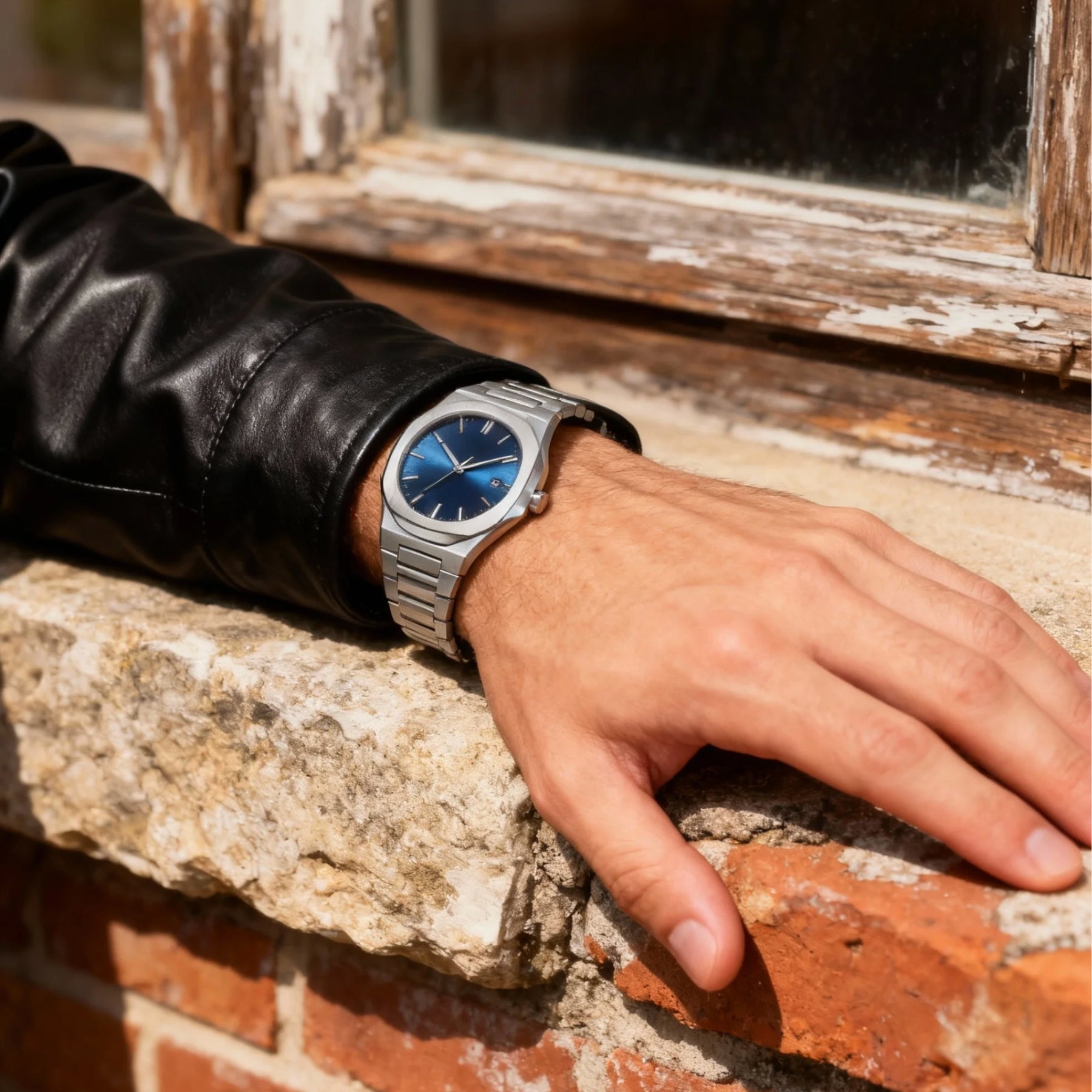 Lifestyle photo of MIDNIGHT blue dial quartz watch on wrist outdoors