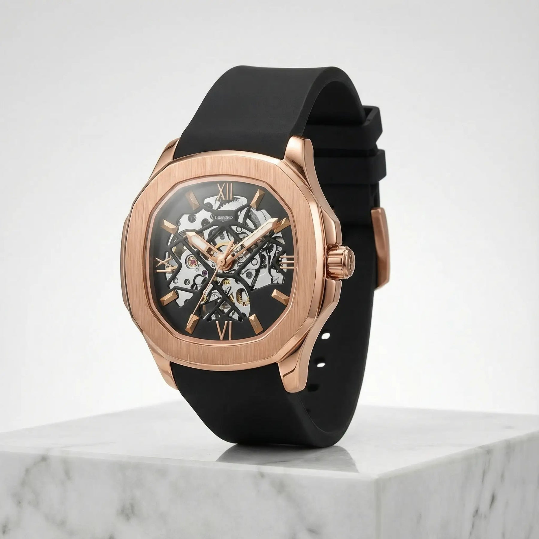 Rose gold KRNNO STEALTH men’s automatic skeleton watch with black strap
