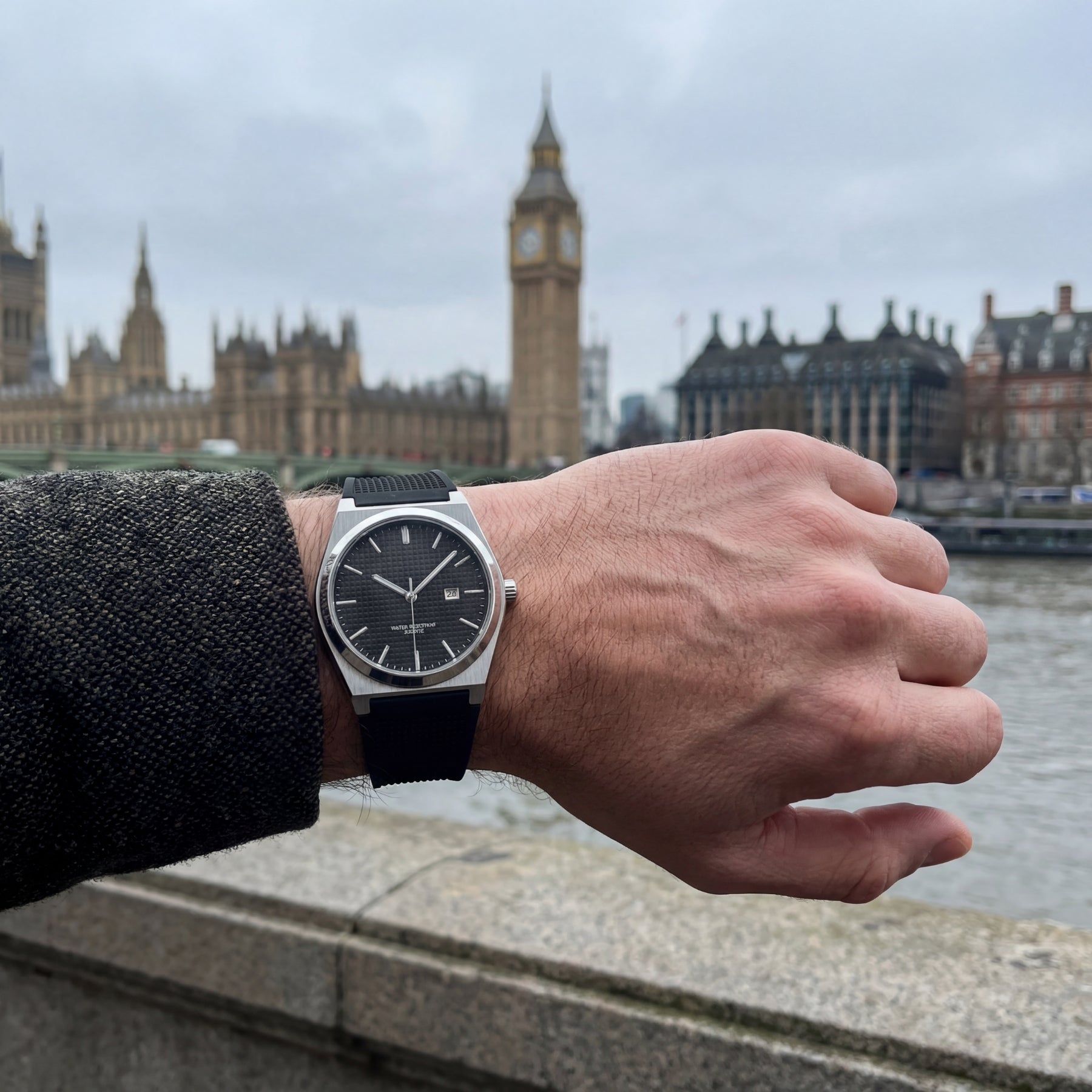 ARION KRNNO men’s quartz watch white dial side view on marble stand