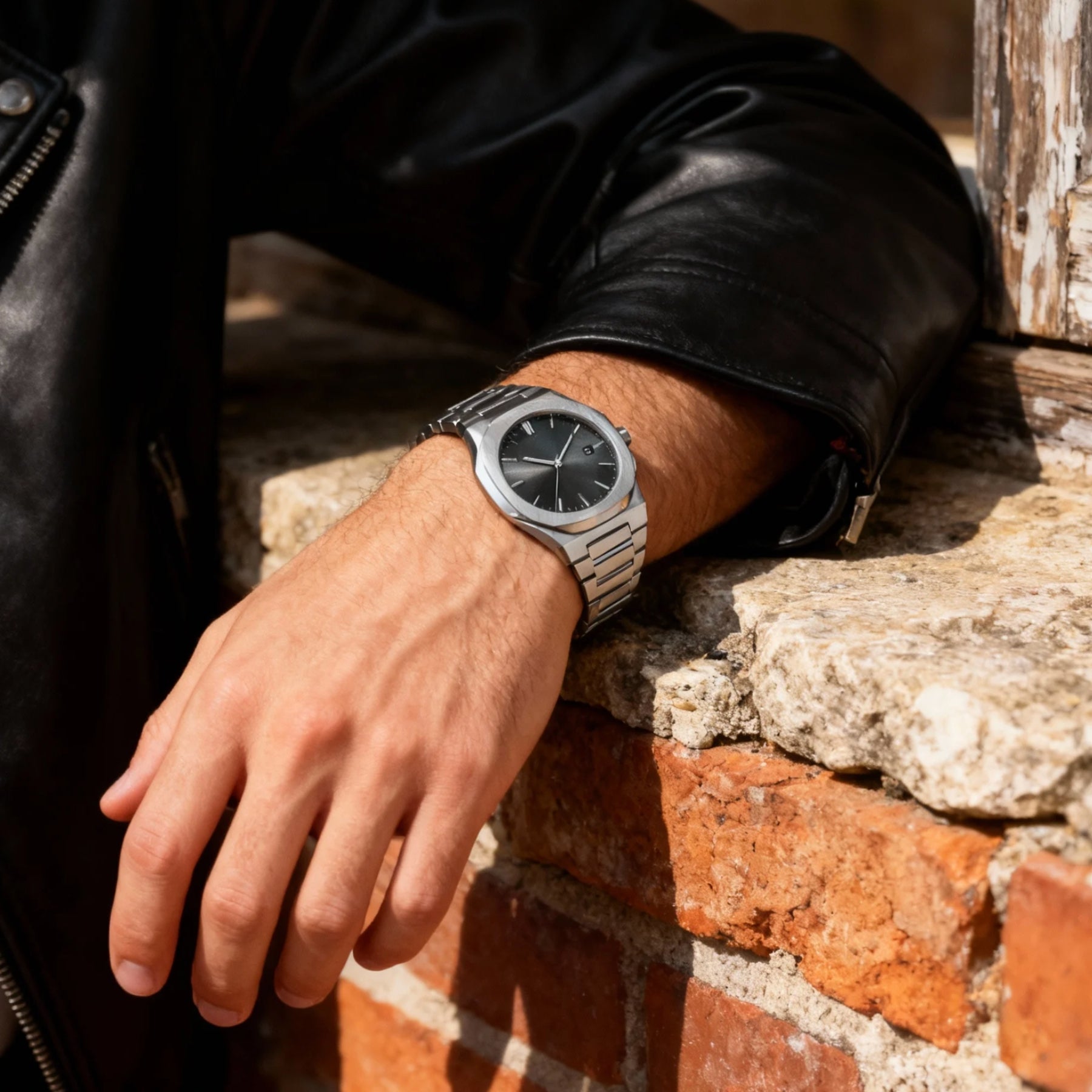 Lifestyle photo of MIDNIGHT black dial quartz watch on wrist