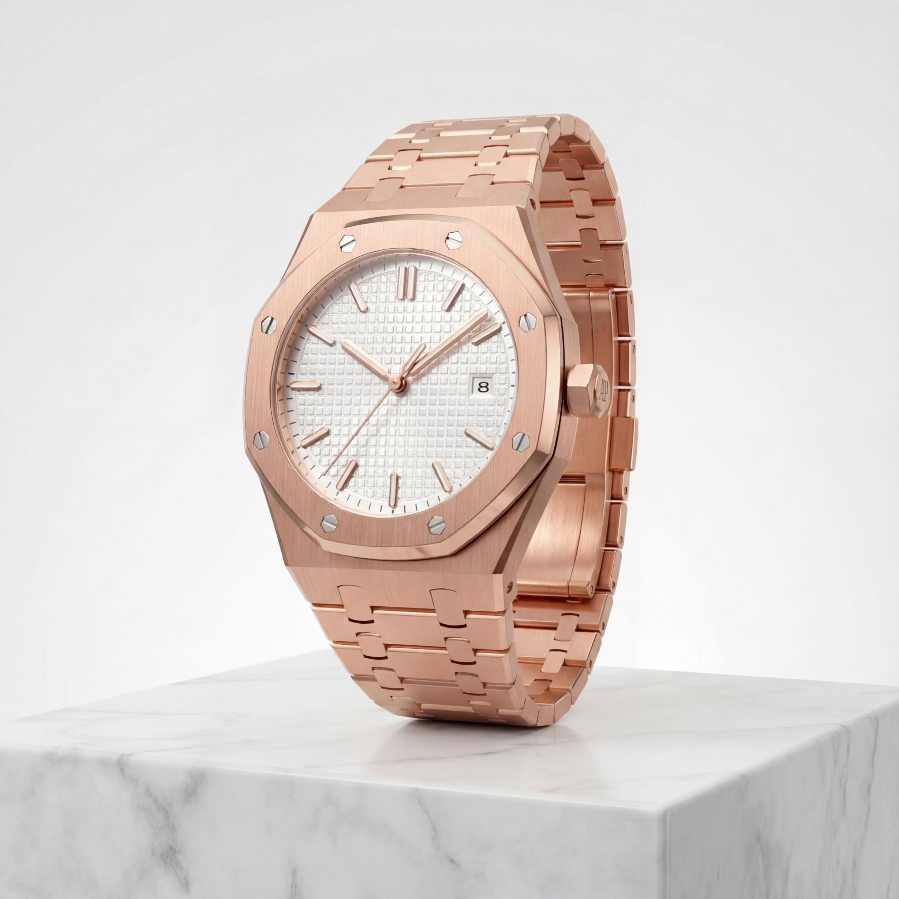 monarch krnno rose gold men’s quartz watch on marble block