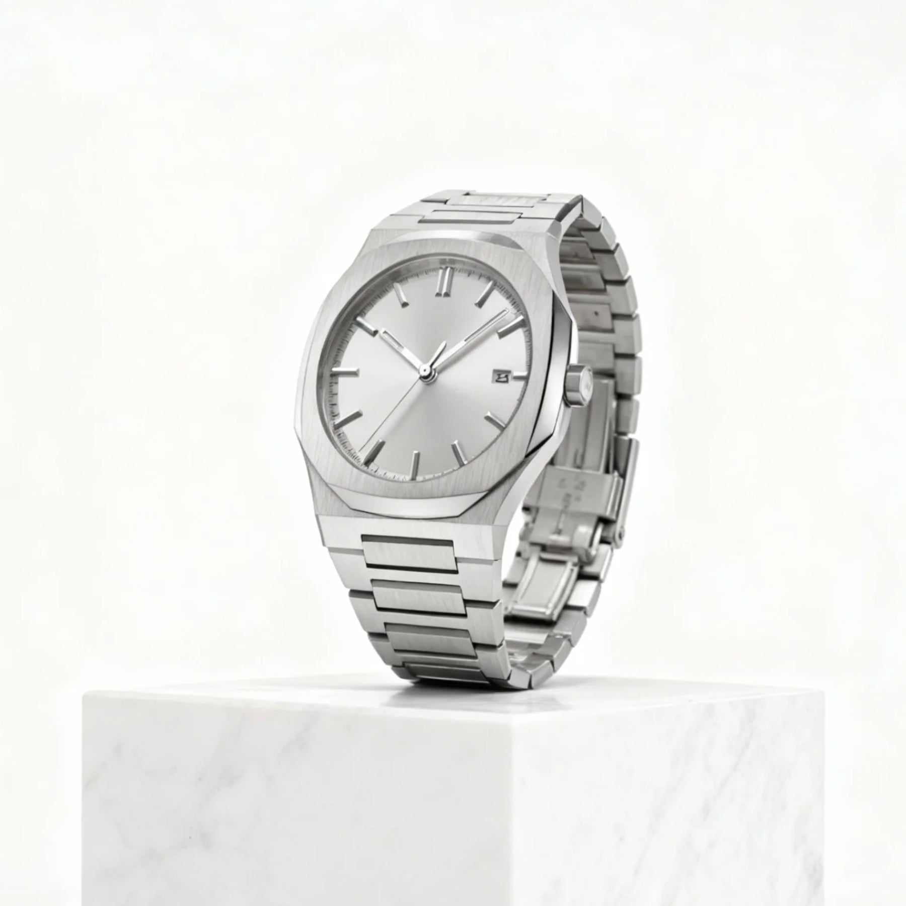 Side angle of MIDNIGHT silver dial men’s quartz watch on marble pedestal