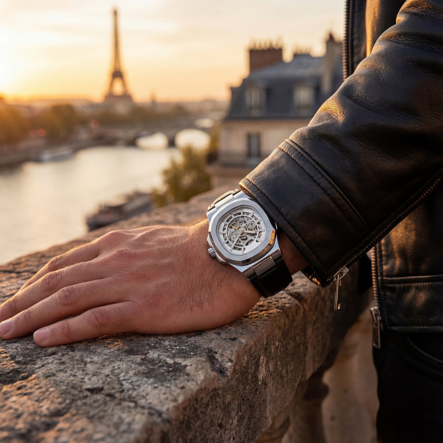 TIMELESS SKELETON KRNNO automatic skeleton watch silver case angled view on marble stand