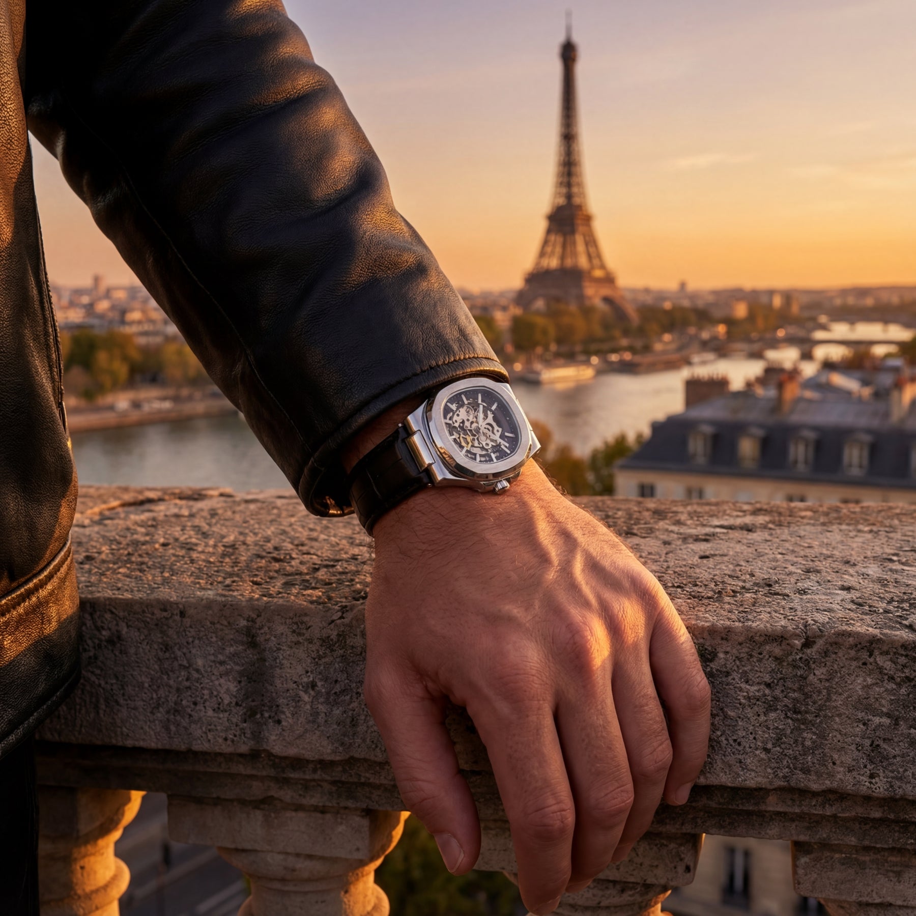 TIMELESS SKELETON KRNNO automatic skeleton watch silver case white dial wrist shot outdoors