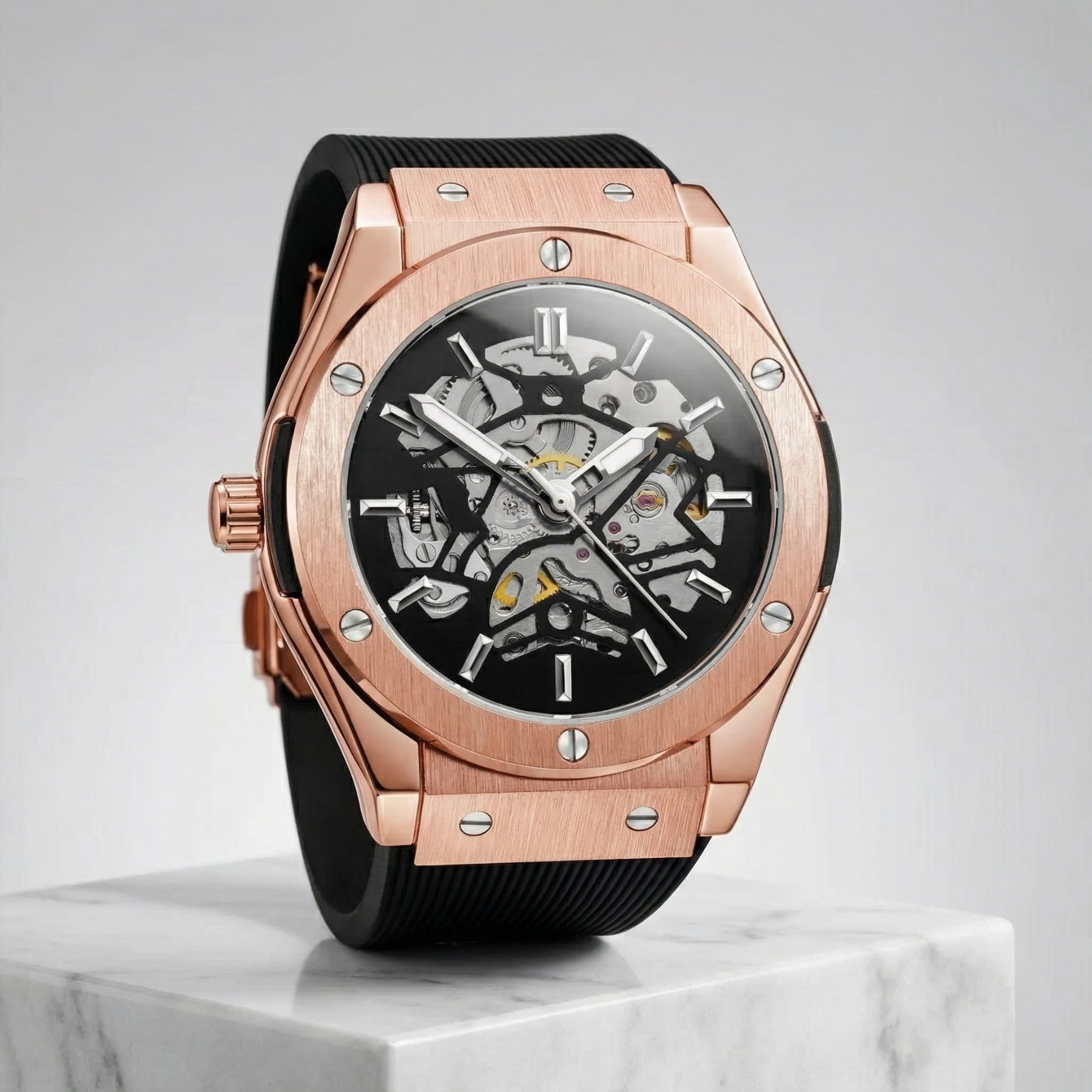 PHANTOM rose gold skeleton watch – exposed gear movement