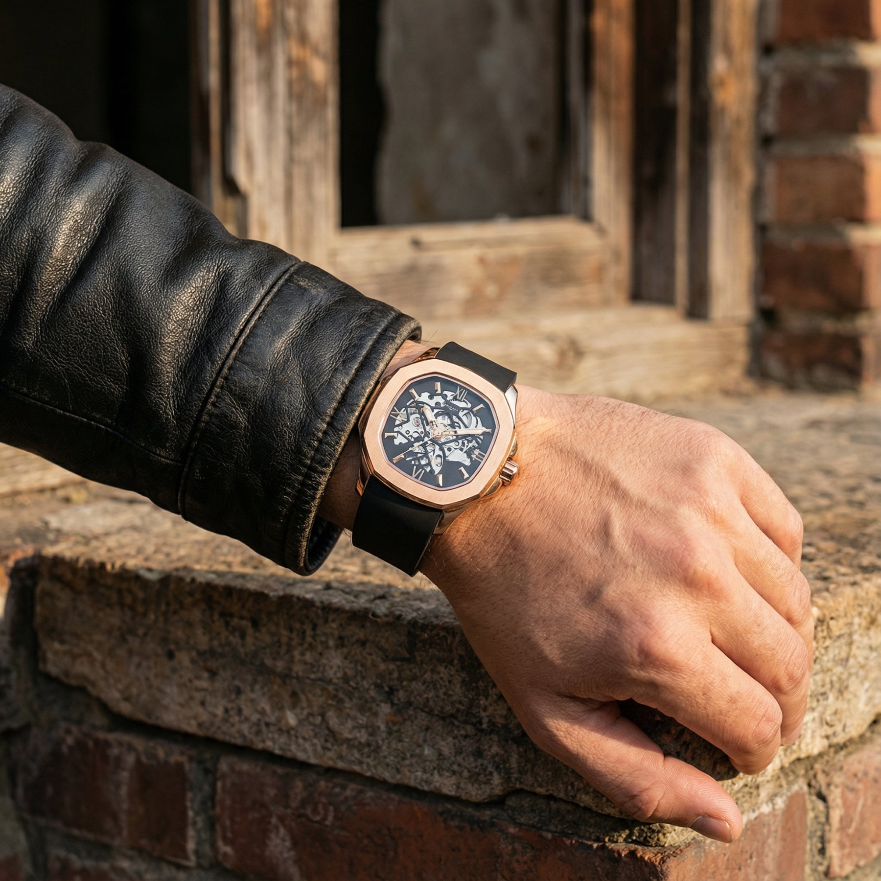 Rose gold KRNNO STEALTH men’s automatic skeleton watch with black strap