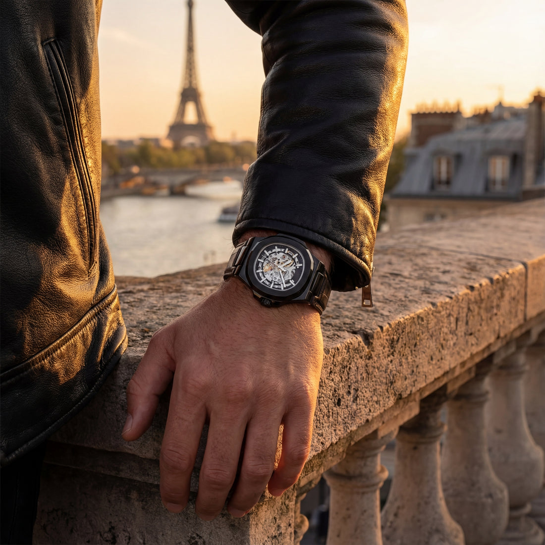 TIMELESS SKELETON KRNNO men’s automatic skeleton watch black case front view