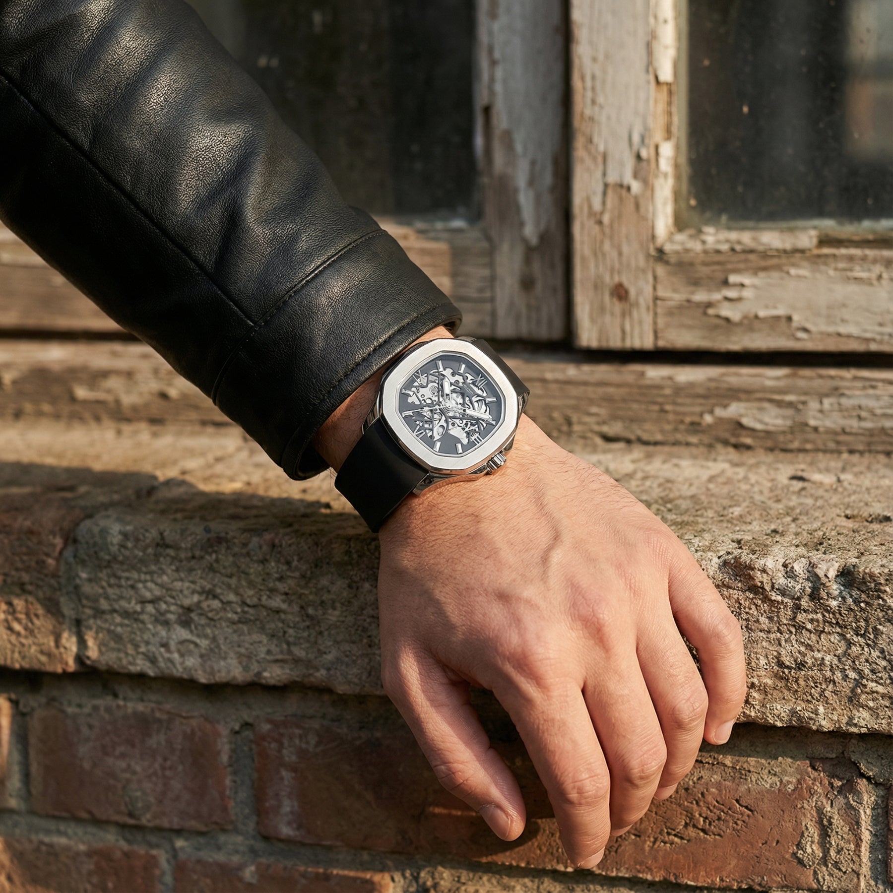 men’s automatic skeleton watch in silver with black strap