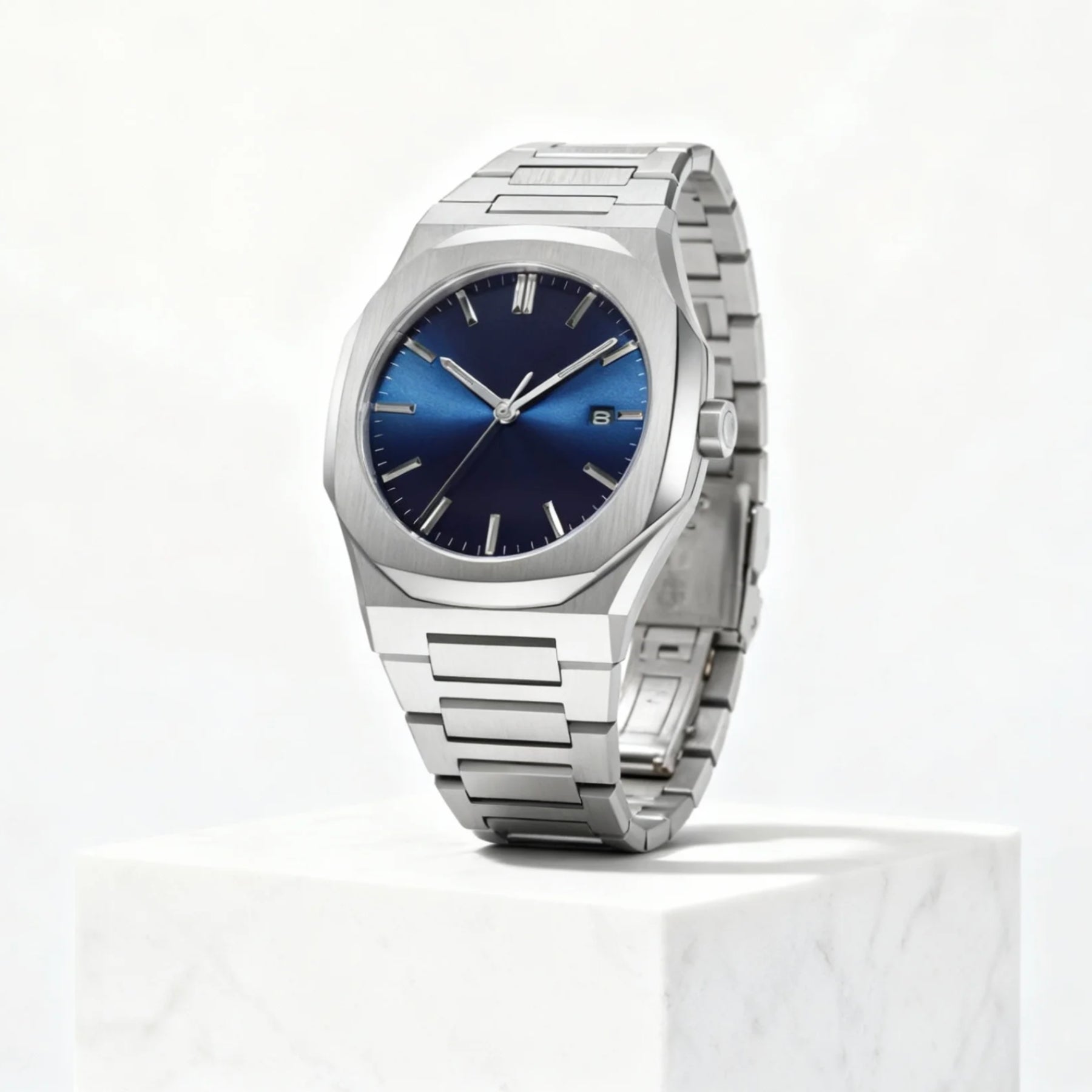 Side angle of MIDNIGHT blue dial stainless steel quartz watch